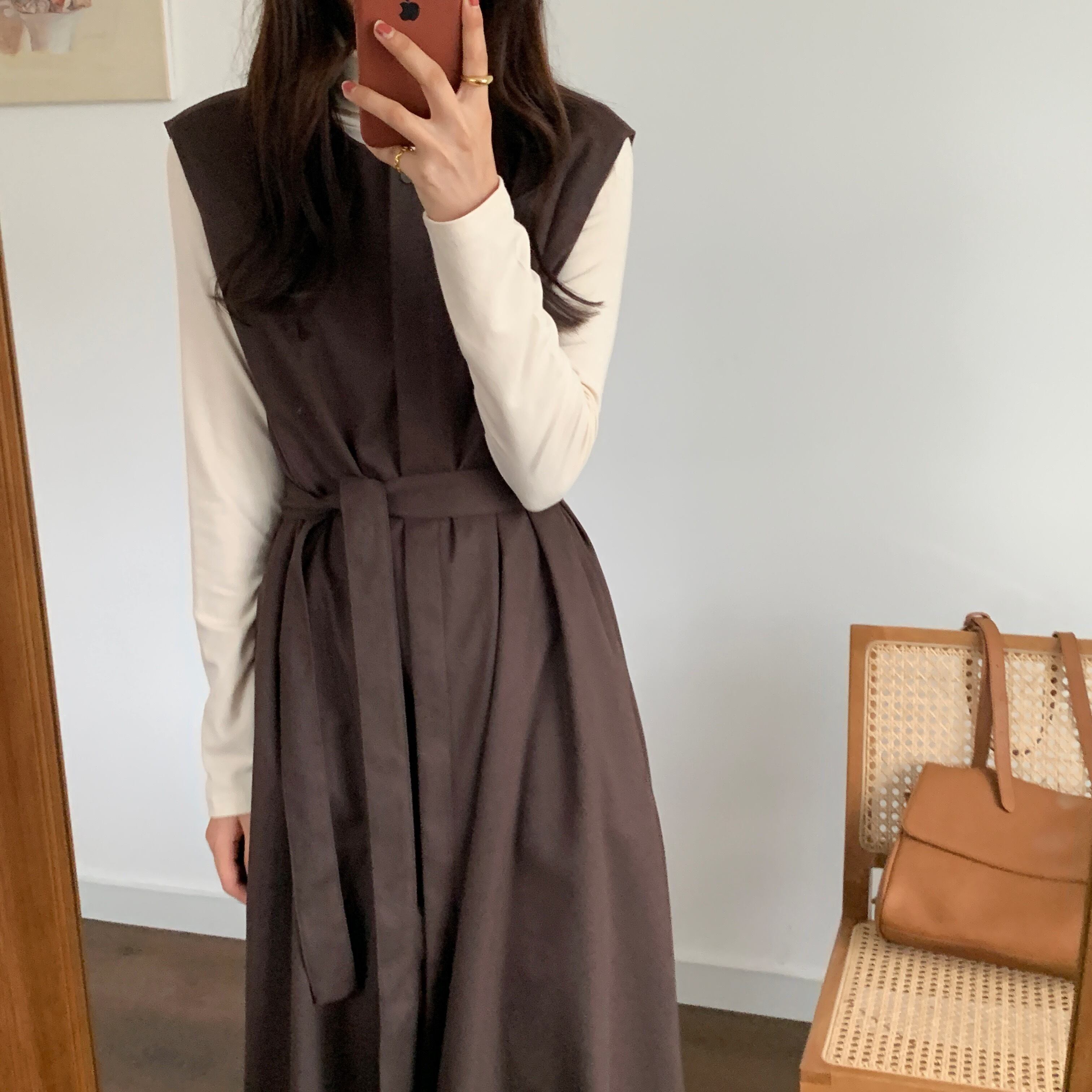 送料無料 2点セット 大人可愛いハイネックインナートップスとロングワンピースのセット ラテカラ ーマキシワンピ 大人女子 フェミニン 通勤 オフィス Lamitte Deco トレンド 韓国ファッション ショップ Base店