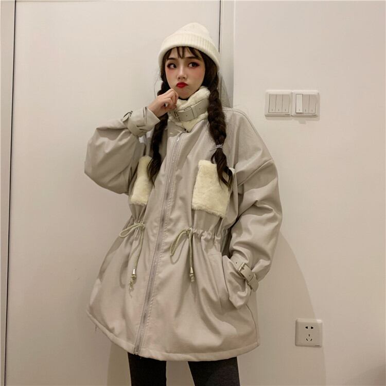 通勤する 秋 冬 PUレザー コットン 綿の服 中・長セクション 厚手 毛皮の襟 スタンドカラー スリム
