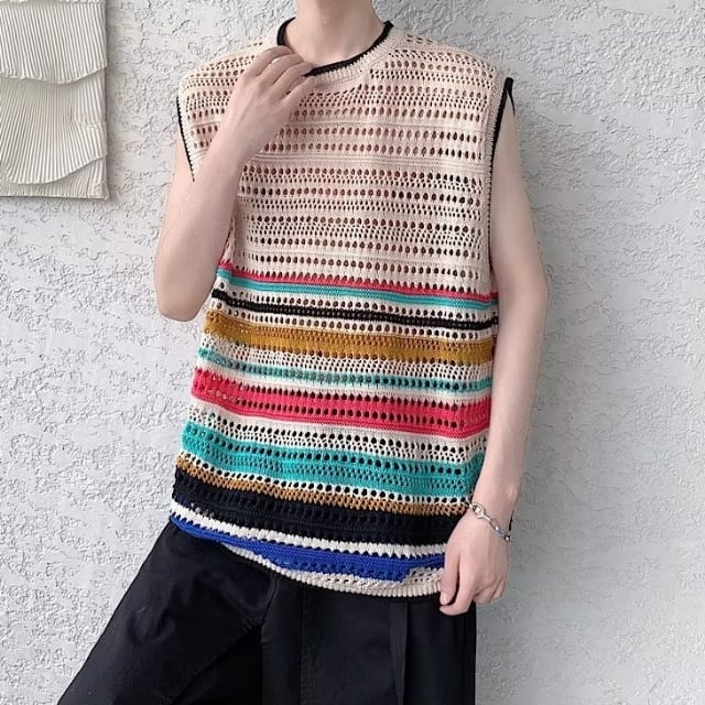 予約販売】サマーニット ノースリーブ ベスト 重ね着 ボーダー柄