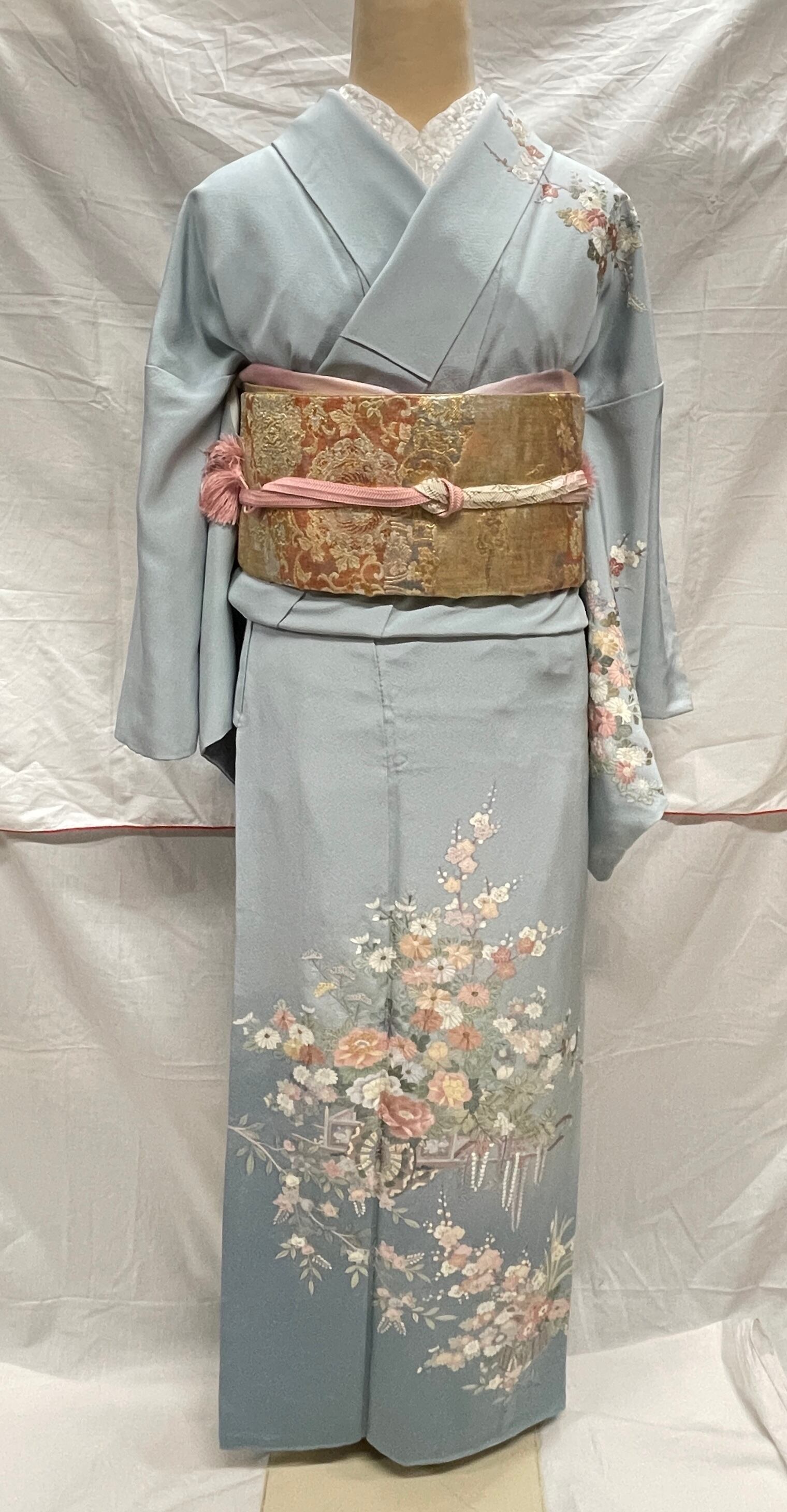 訪問着 トールサイズ ブルー系 水色 パステルカラー 蘇州刺繍 花車 