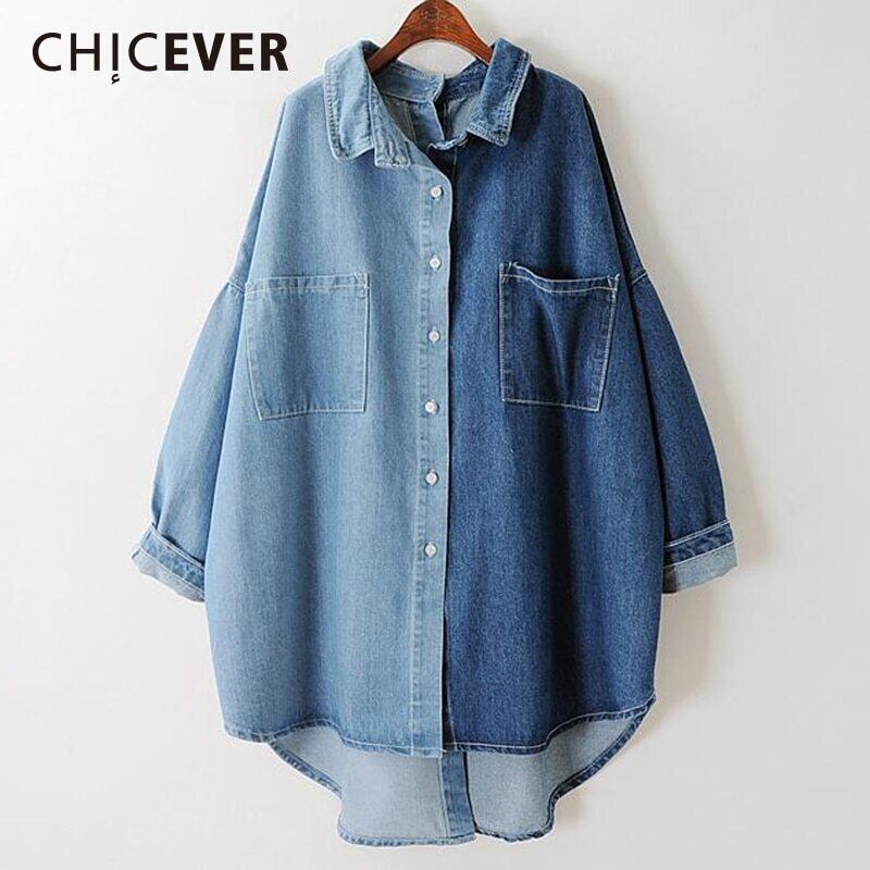 CHICEVERパッチワークデニムシャツレディースラペル長袖ヒットカラールーズオーバーサイズブルーブラウス2020服 ロング 6base594879854136