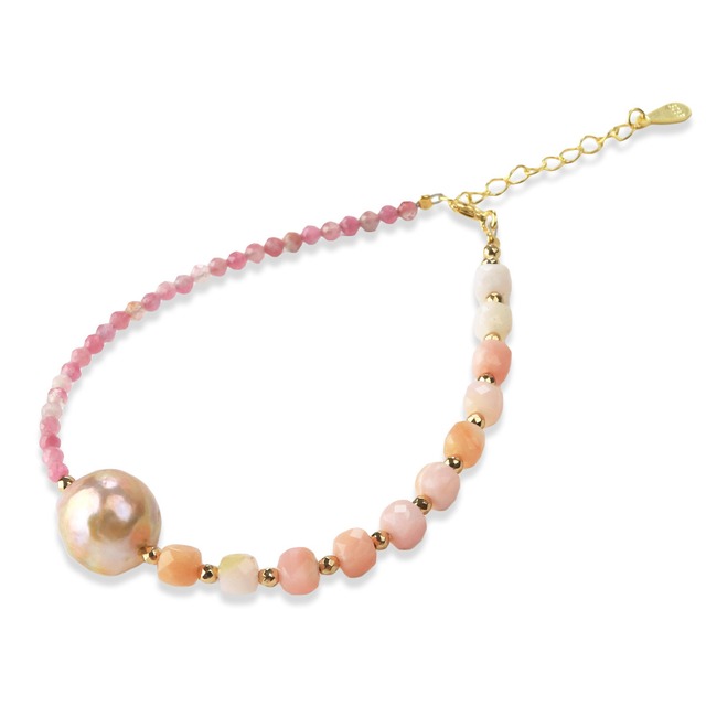3種の天然素材をアシメトリーデザインで楽しむ！ ピンク トルマリン  オパール パール シルバー ブレスレット br1022