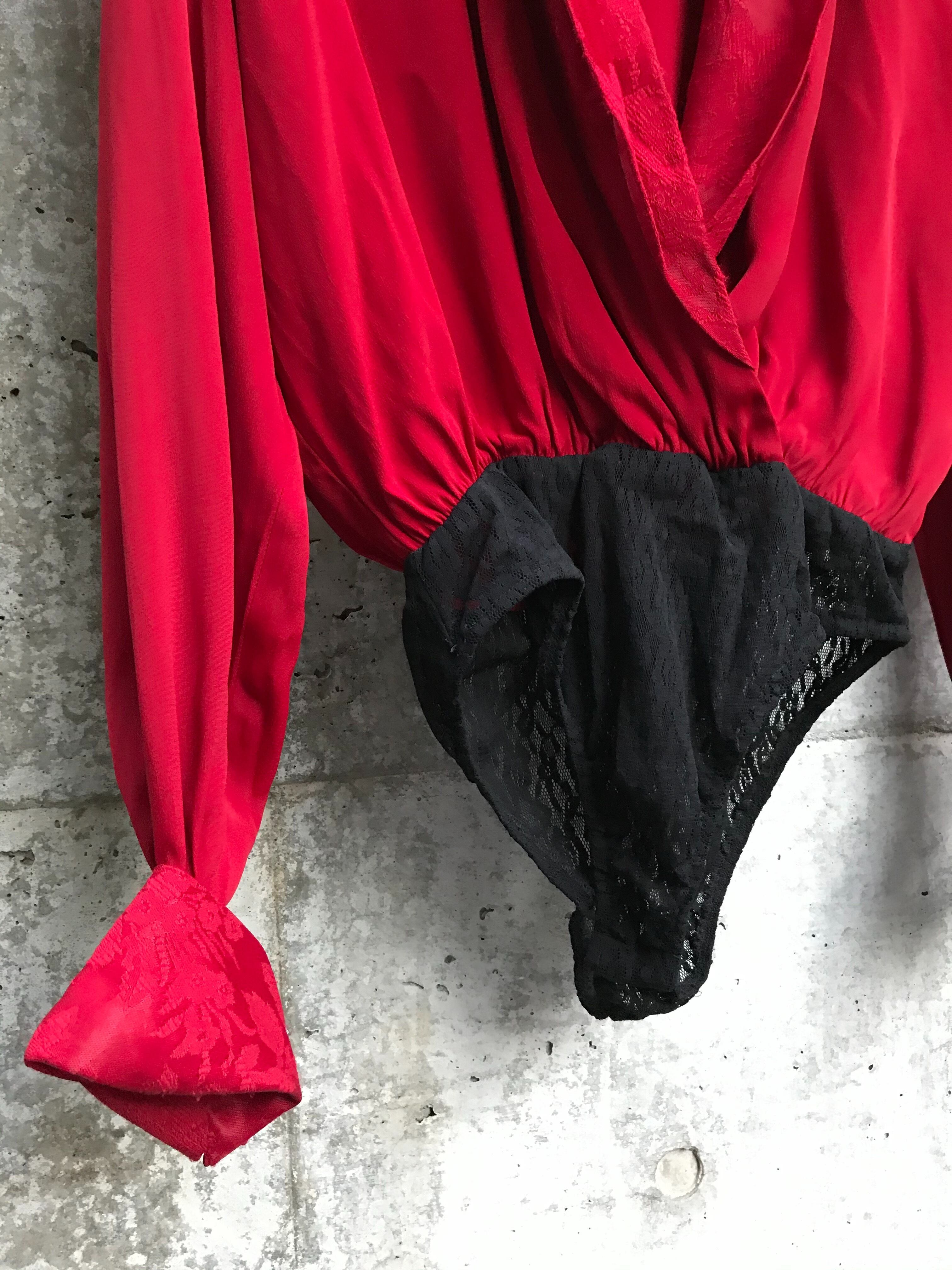 Vintage red × black cache-coeur blouse ( ヴィンテージ カシュクール レッド × ブラック ブラウス )