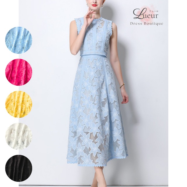 フラワー刺繍レースノースリーブワンピース L2261