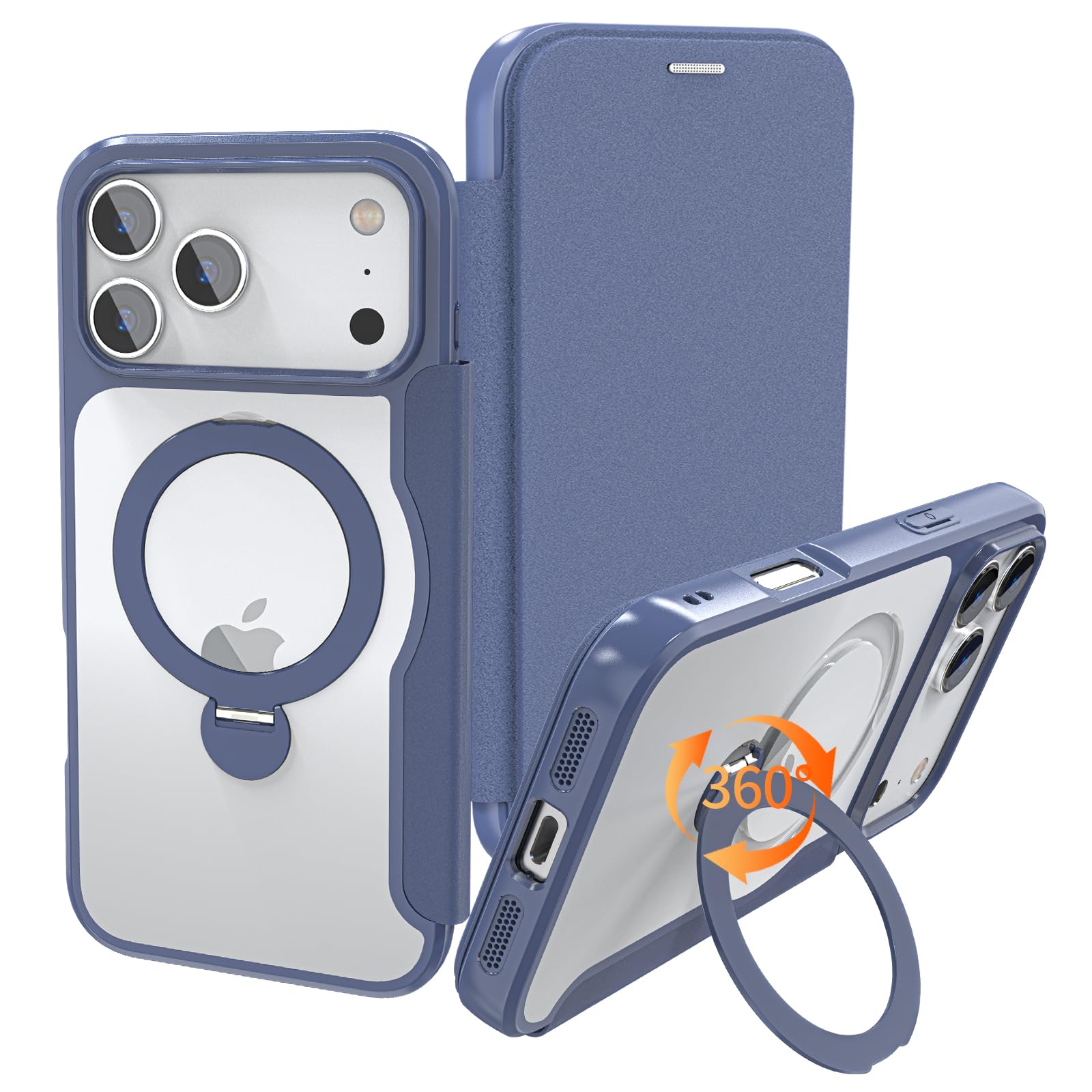 【実用性が高い手帳型】 iPhone 18 Pro/17 Pro 用 ケース 手帳型 2枚カード収納 背面クリア 360度回転するMagSafeリングが超便利 軽い 薄型 耐衝撃 全面保護 縦横両対応 レザー素材 おしゃれ 青