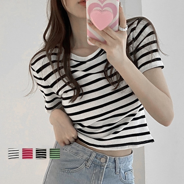 リブ編みニットレディースボーダーTシャツ