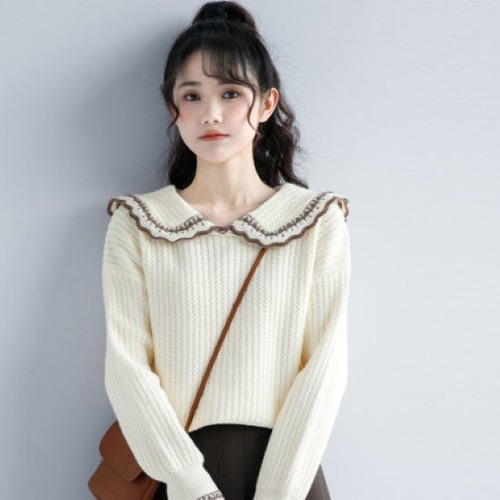 ニットトップス レディース ニット セーター トップス 襟あり ドールカラー リブニット レース 秋冬 フリル プルオーバー カジュアル お出掛け 可愛い キュート おしゃれ ニットトップス 女性