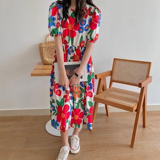 ワンピース 花柄 大花柄 半袖 丸首 ａライン ミディアム リボン リゾート カラフル 鮮やか サマードレス パーティー エレガント Fsk1785 Alice Mode