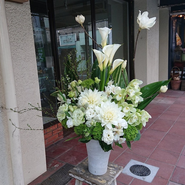 花 アレンジメント 供花 白緑 Lサイズ お供え花 枕花 スタイリッシュな アレンジメント 白緑系 枝もの 新盆 おくやみ 花 葬儀