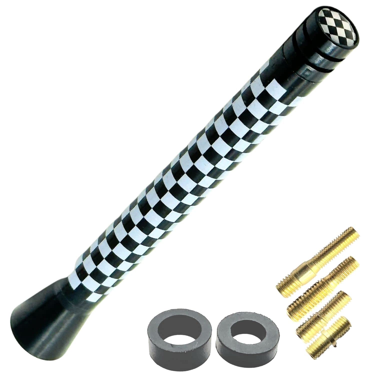 HTharros ミニクーパー アンテナ MINI BMW 汎用 ヘリカル ショート アンテナ FM AⅯ ラジオ 車用 チェッカーフラッグ 10.7cm