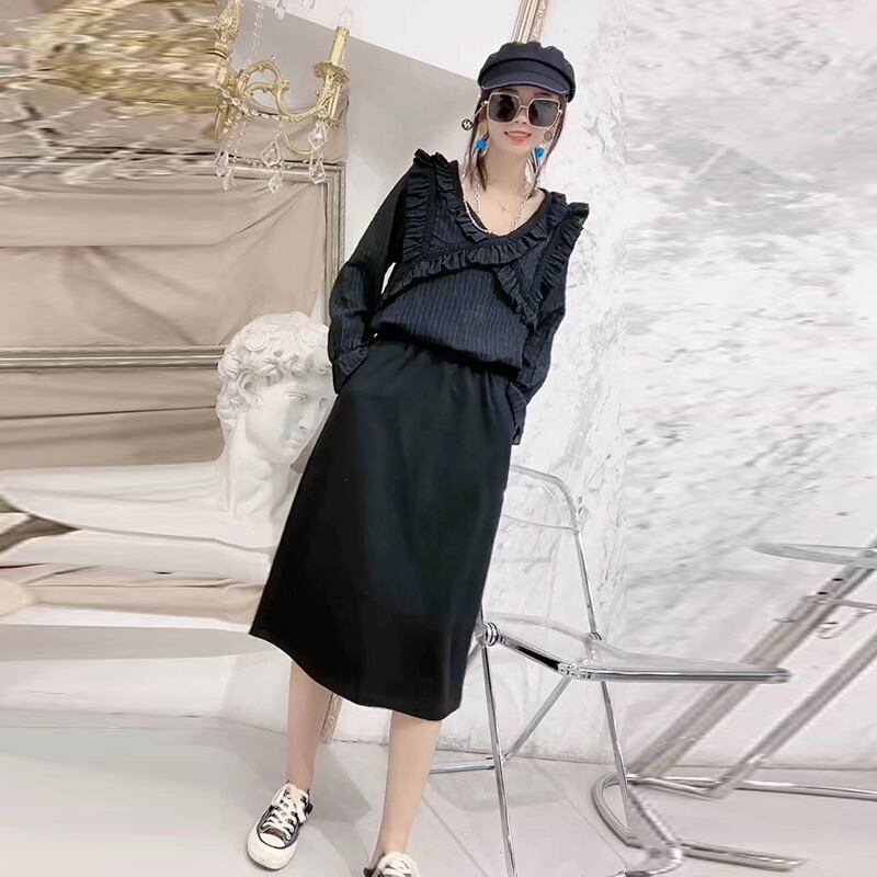 2020年秋の新しいウエスタンスタイル、年齢削減、薄い蓮の葉の襟、ボトミングシャツ、スカート、プラスサイズの婦人服、ファットmmファッション ミックスインファッション23577681608