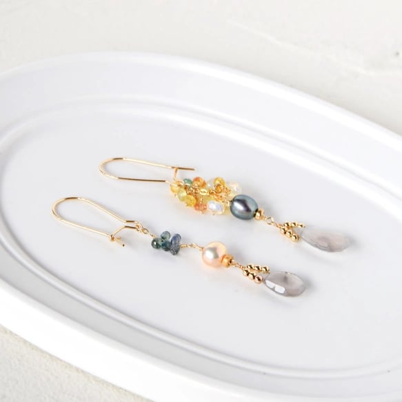 14kgf/セイロンムーンストーンXグリーンサファイアXプレシャスオパールピアス