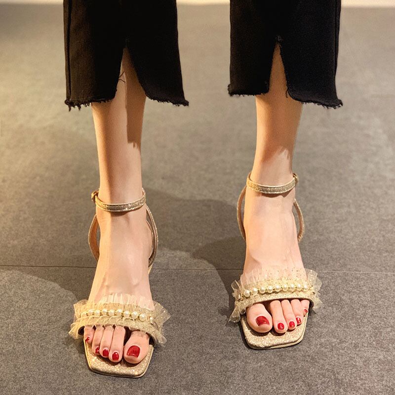 サンダルサマーパールクリスタルヒール ハイヒール 靴 シューズ 夏物 真珠 フェイクシューズ82764771279