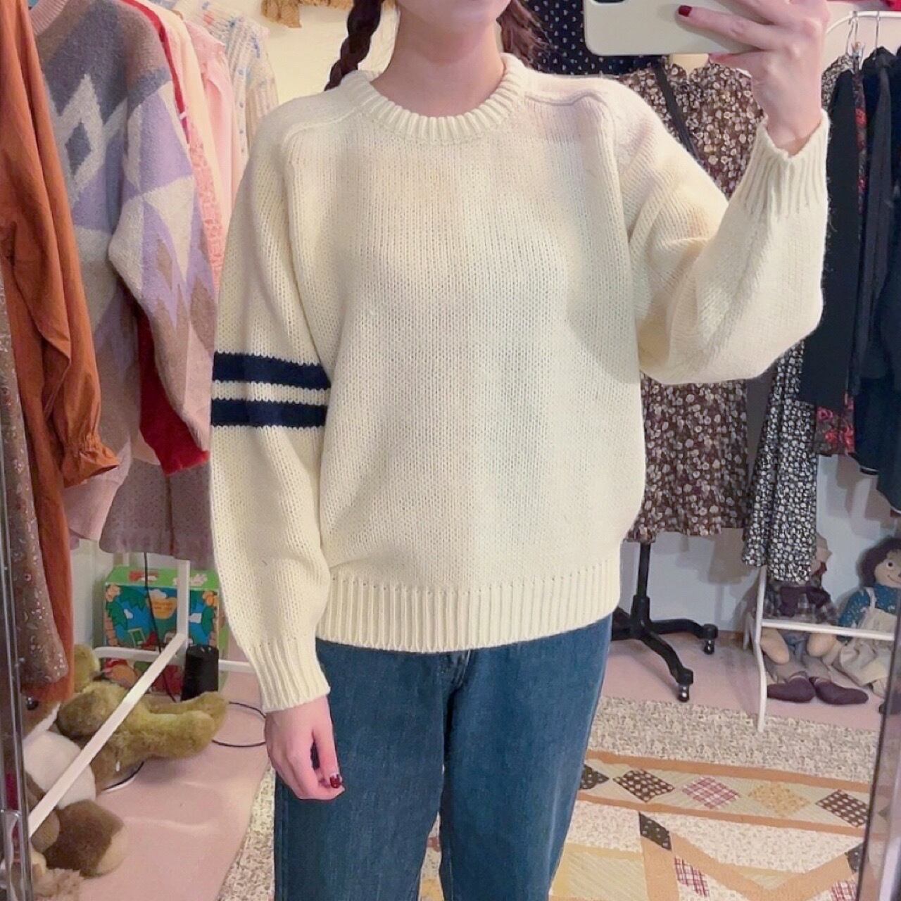 navy double line crew neck sweater