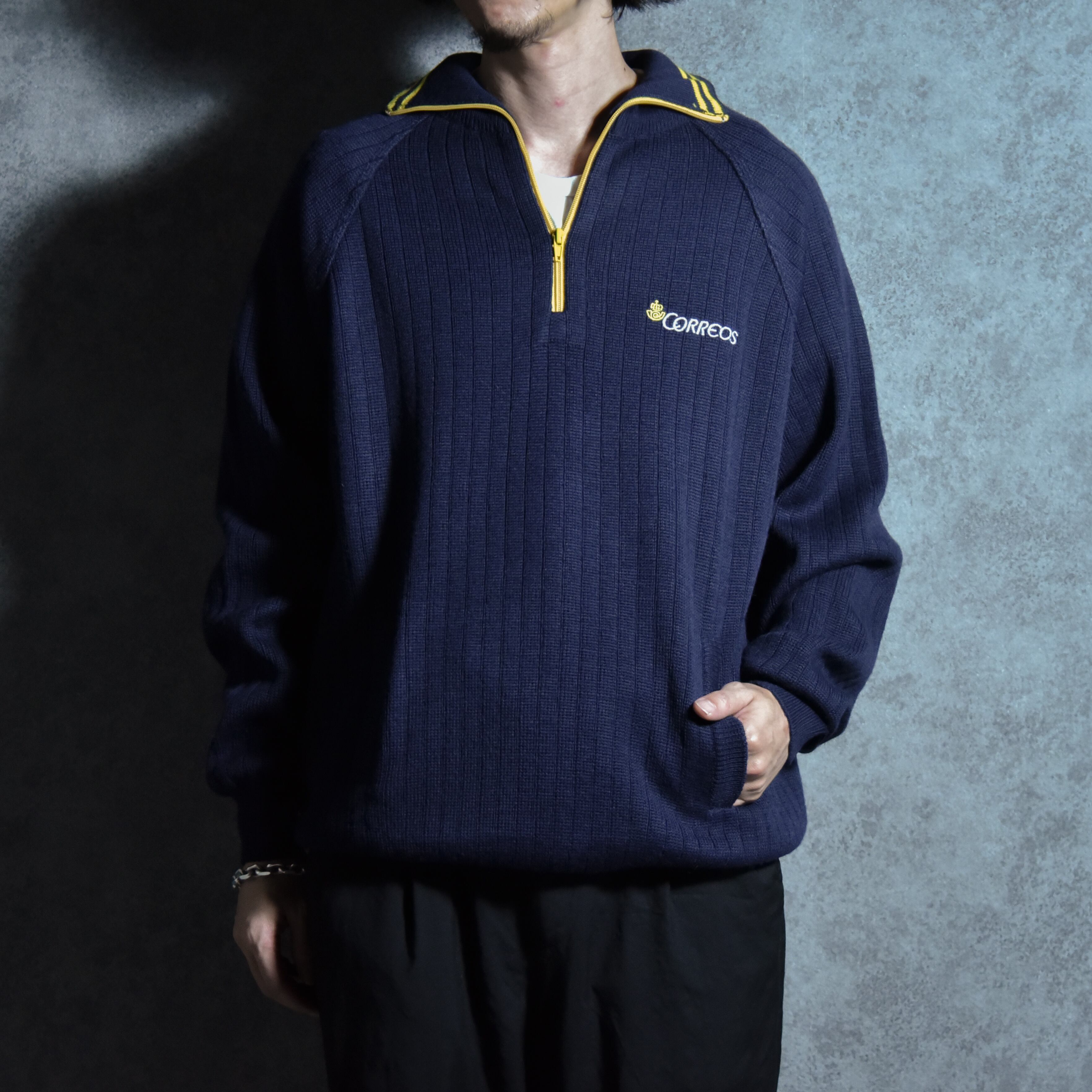 極暖 ENPORIO ARMANIストライプ ハーフジップセーター XL DEAD STOCK】Spanish CORREOS Half-zip Sweater スペイン郵政 ハーフ
