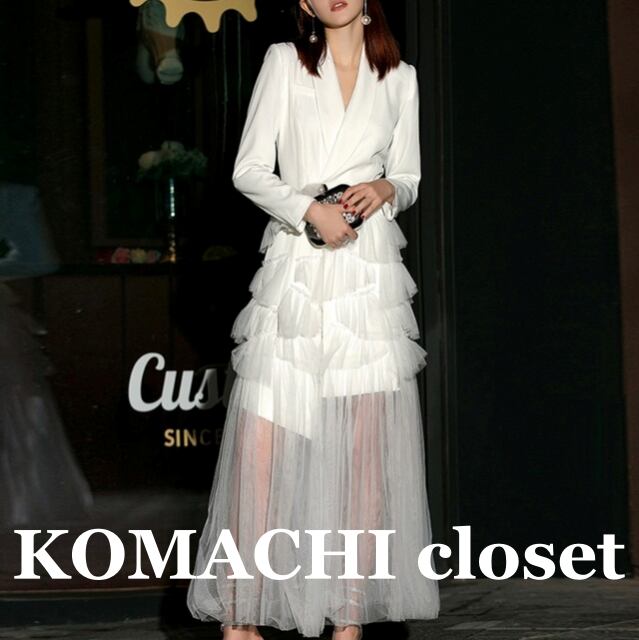 【送料無料】 チュールドレス ドレス チュール フリル 個性的 切替ワンピース 黒 白 韓国 レディース オルチャン ブラック ホワイト ジャケット 長袖 Vネック フレア Aライン アシンメトリー 切り替えデザイン ドッキング ハイウエスト 透け感 シースルー 大人可愛い おしゃれ ラブリー キュート クール モード系 セクシー エレガント モダン 主役級 存在感 フォーマル 抜け感 フェミニン 無地 春 秋 休日 パーティー イベント トレンド 流行 インスタ映え S M L