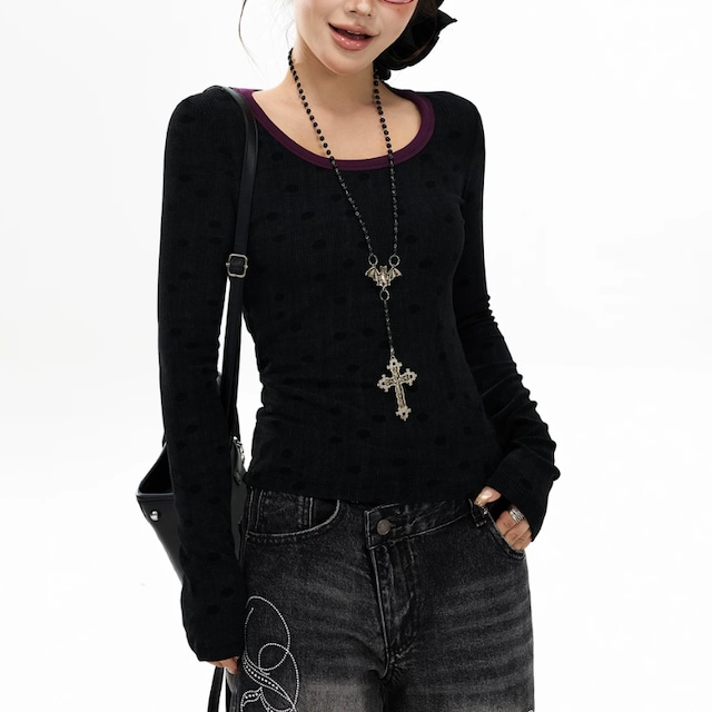 two-tone neck dot sheer tee　バイカラーネックドットシアーティー　J2120