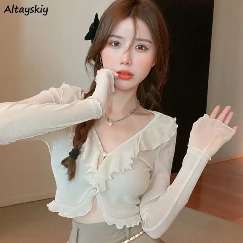 【新作】【送料無料】 5 色のシャツ女性薄型フリル日焼け防止クロップトップス気性通気性シックなスリムフィット夏韓国スタイルのファッションカジュアルイン 0359888213874