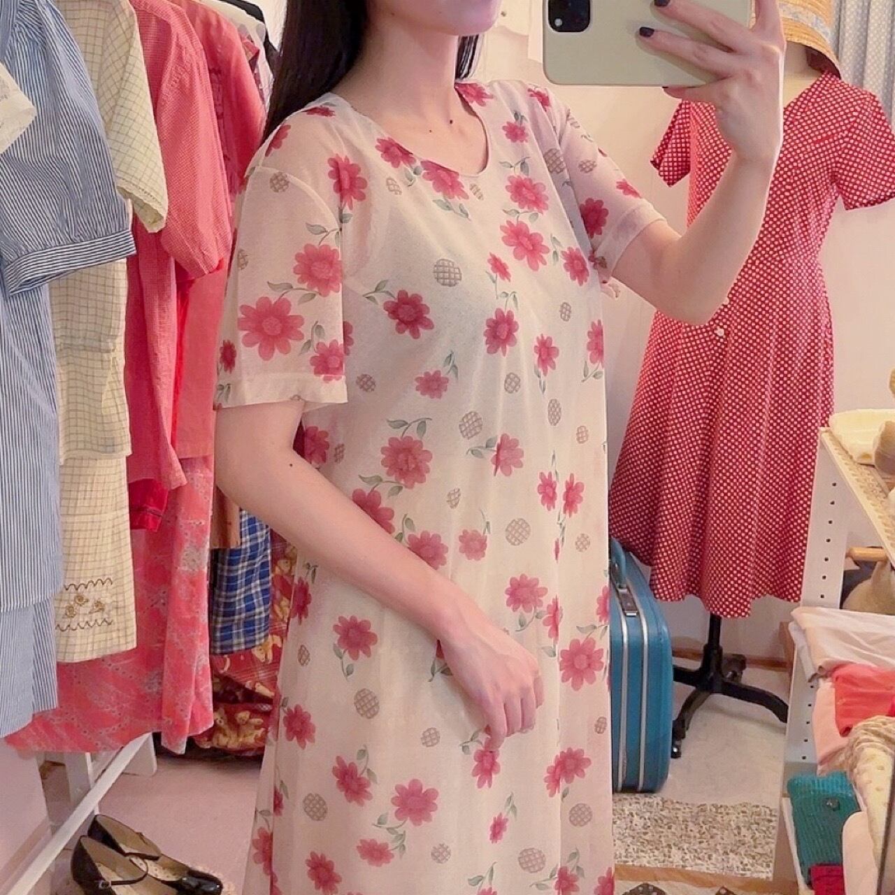 flower and check dot sheer one-piece