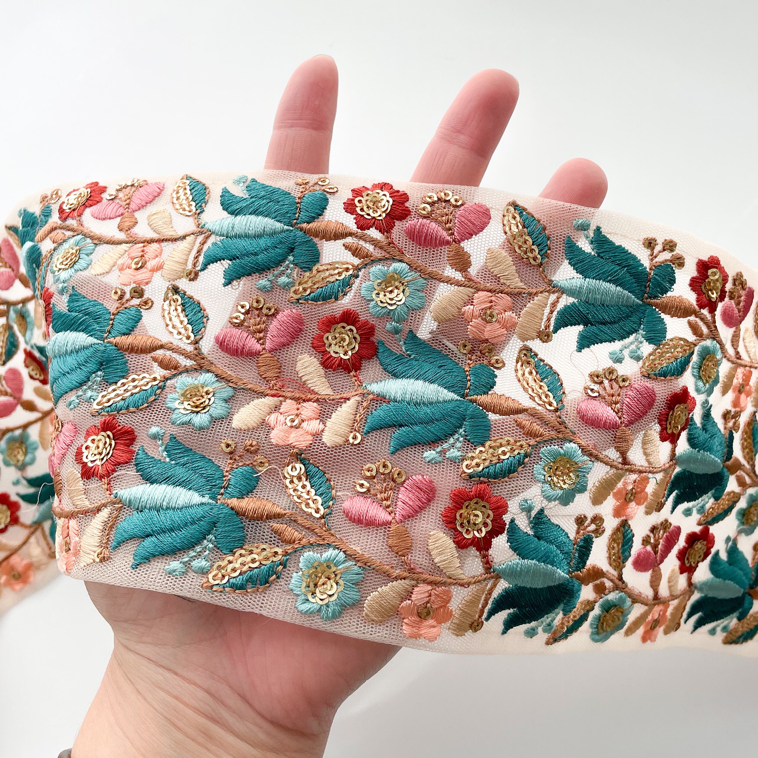 50cmカット済み】ins1218 チューリップ エメラルド インド刺繍リボン