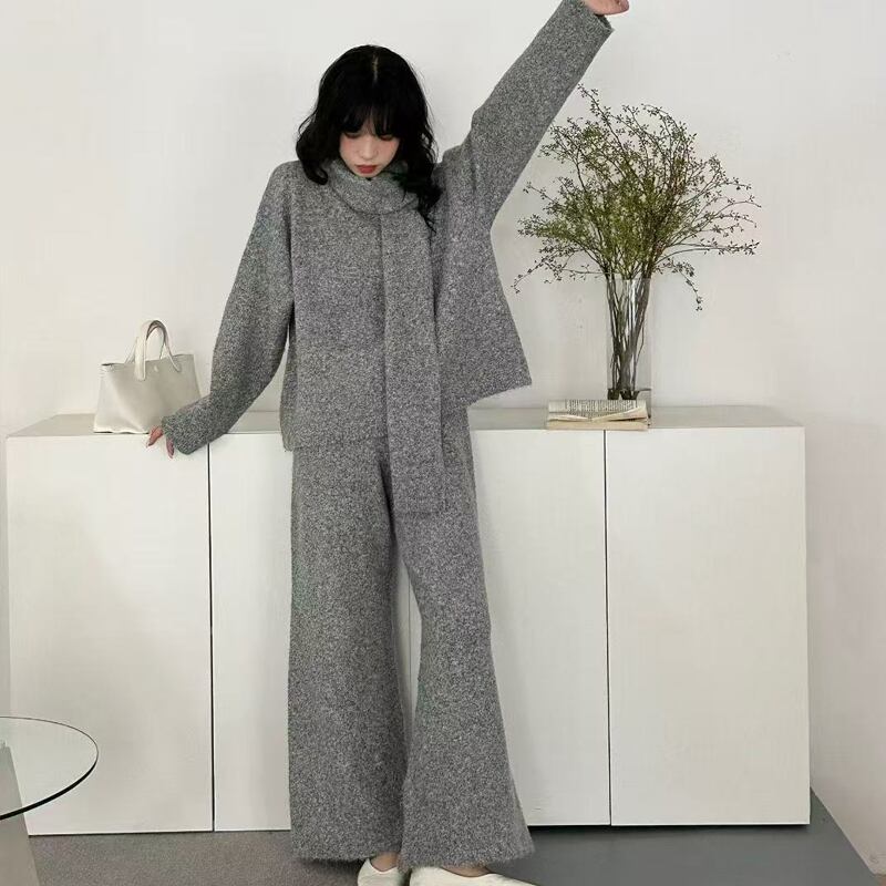【set】スカーフ×ニットトップス×ワイドパンツ3点セット Q6768