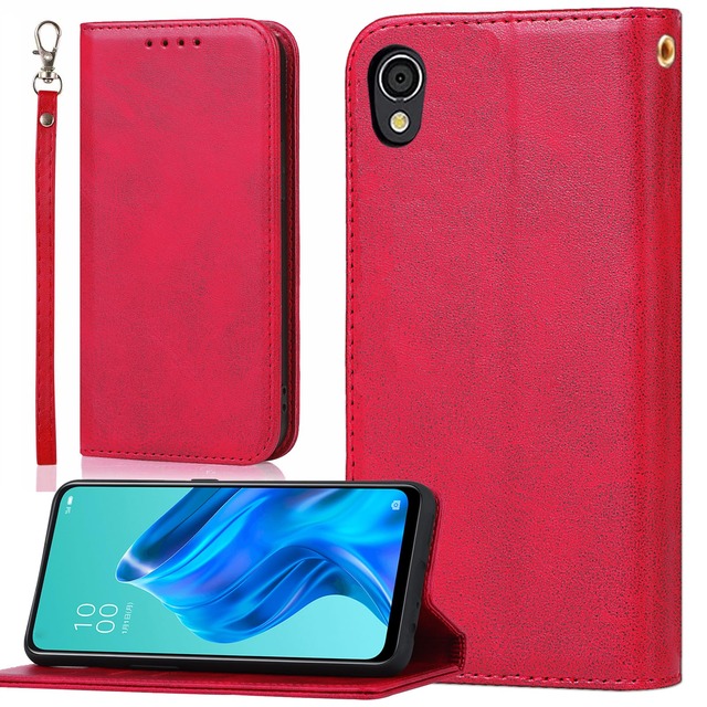 BonwFzin 適用 AQUOS sense2 SH-01L ケース 手帳型 ストラップ アクオス センス2 SHV43 SH-M08 スマホケース Android One S5 手帳型カバー アンドロイドワン S5 携帯カバー PU レザー ストラップホール付き マグネット フリップ カード入れ カード収納 スタンド 落ち着いた色 レトロ ローズレッド