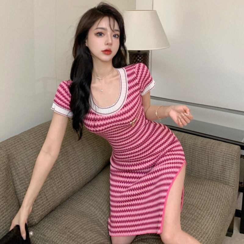 サマーニットストライプドレス 薄手ウェストショートスカート 夏物 YY-ファッション5658431005