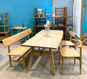 Slow Diningset（table１ ・ bench１ ・ chair２）栗の木のテーブル　ハーフアームチェア　幅広ゆったり椅子