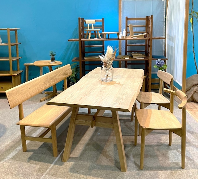 Slow Diningset（table１ ・ bench１ ・ chair２）栗の木のテーブル　ハーフアームチェア　幅広ゆったり椅子