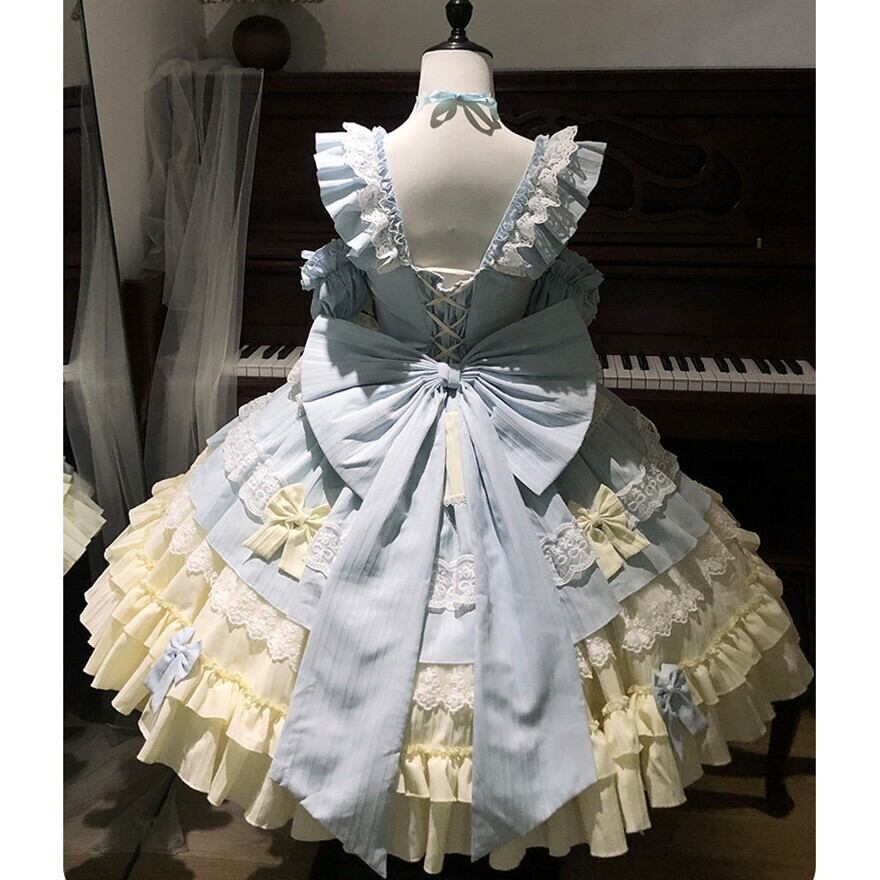 ロリータファッション 甘ロリ 水色×生成りリボン多段フリルJSKセット