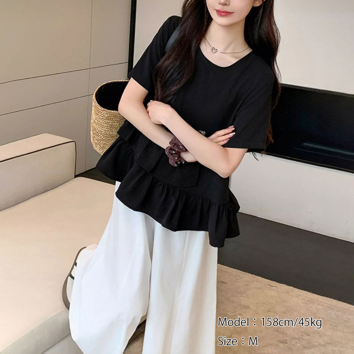 Tシャツ 半袖 レディース 春夏秋 韓国 フリルTシャツ きれいめ 大人 かわいい おしゃれ ペプラム アシンメトリー 裾フレア 大人可愛い 大人女子