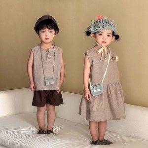 細ピッチボーダーノースリーブセットアップとワンピース（モカ）QQMM 2026夏｜80-150cm｜ノースリーブ｜リンクコーデ｜子供服｜韓国子供服｜女の子｜男の子 ［取寄］