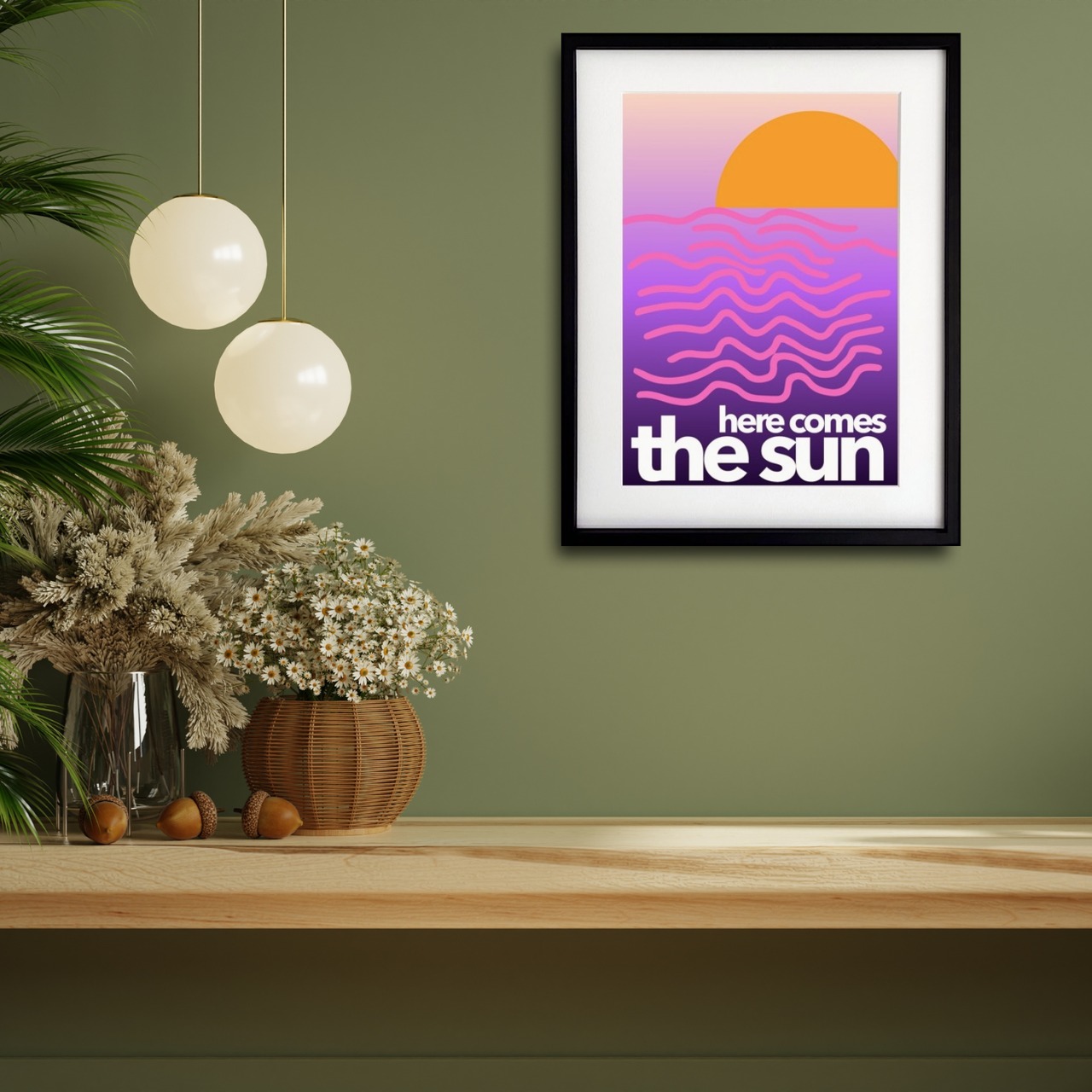 北欧ミッドセンチュリー調サンセットアートポスター『Here Comes The Sun』｜ミニマルな波と太陽のグラフィック：｜A4ポスター