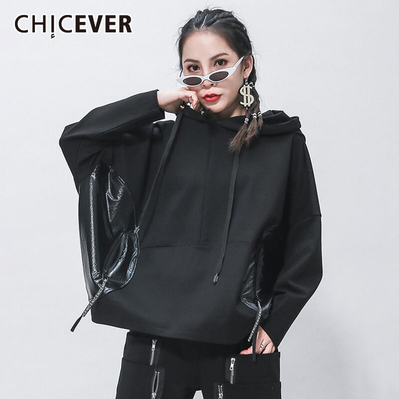 CHICEVERパッチワークスウェットシャツレディースフード付きカラーバットウィングスリーブジッパーレースアップ特大スウェットシャツ2020スタイル 6base543043643840