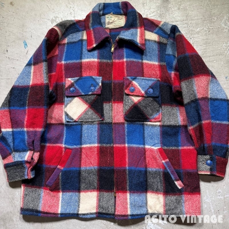~50's Weather Wise ウェザーワイズ MINNESOTA WOOLEN CO ウールジップアップジャケット チェック 棒TALON コの字 Lサイズ相当 グッドコンディション 希少 ヴィンテージ BA-2653 RM3074H