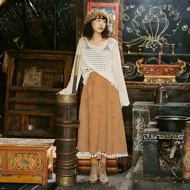 ドリームホーステルスカートレトロコーデュロイハイウエストスカート秋冬自作ミドル丈文芸・ワイルドシン ドリームホーストラベル婦人服63651344933