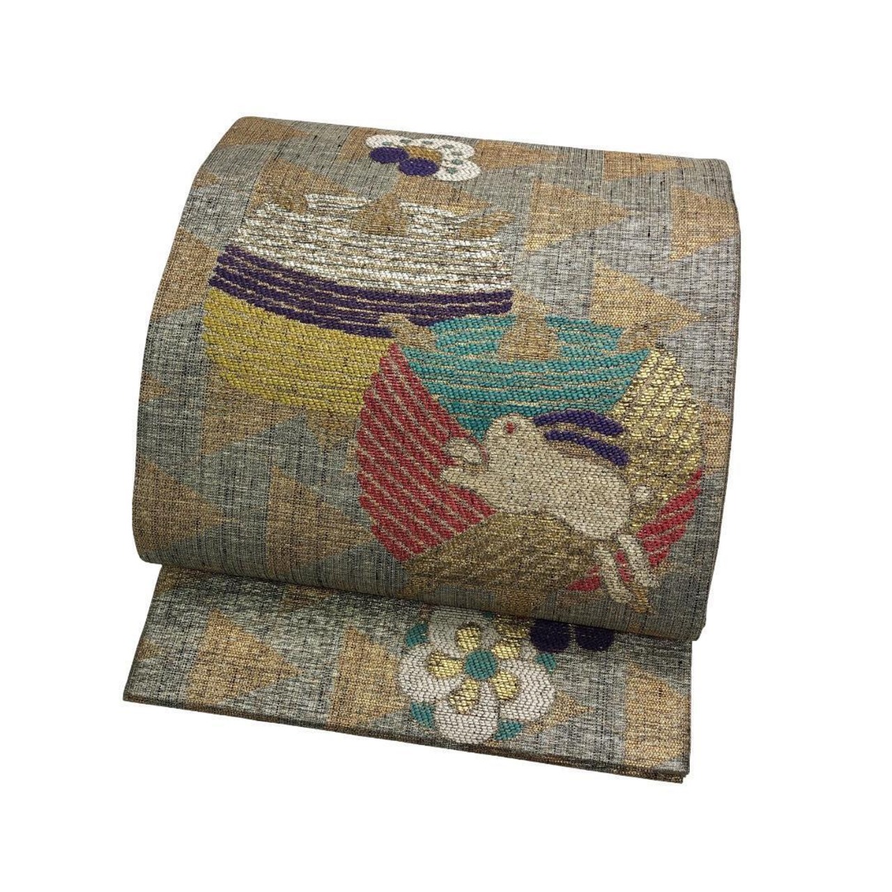 袋帯 兎 花模様 糸枠 三角模様 金銀糸 O-5330 着物 きもの kimono 和服  
