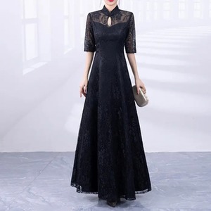 送料無料 未使用 発表会 舞台衣装 パーティ フォ－マル 刺繍 チュ－ル レース ロング ドレス 9号 M [OPN2822]