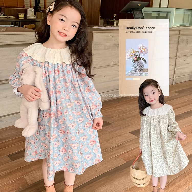 90㎝-150㎝】ワンピース 花柄 長袖 レース襟 人気 トレンド 韓国版  