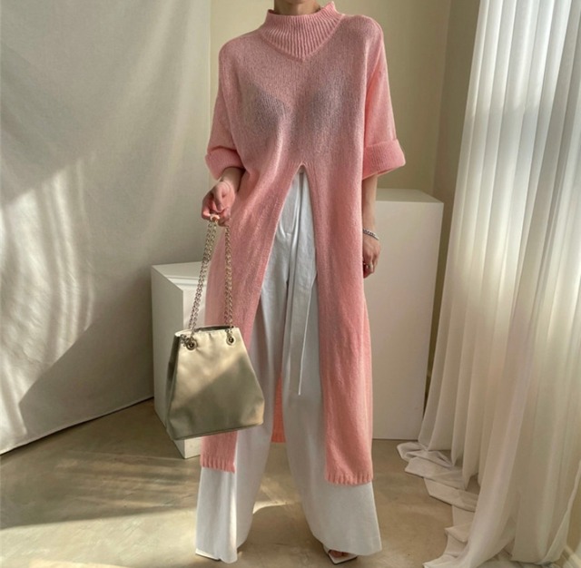 大人気♡薄手サマーニット♡大胆スリット ロングワンピ(DM0046)