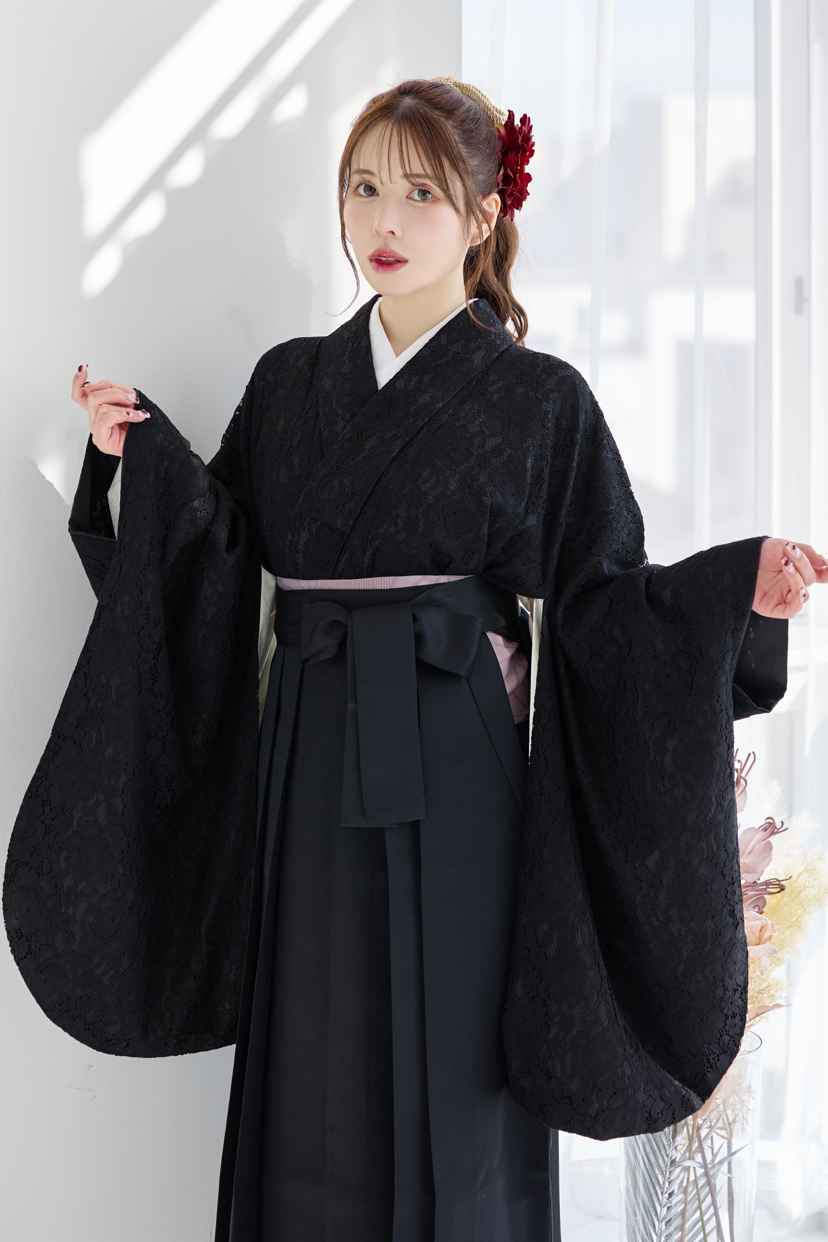 【袴3点set】はんなりレース重ね(ブラック)57ABK