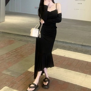 【送料無料】 カーディガン×ワンピース セットアップ 2点セット ツーピース レディース ワンピース キャミワンピース キャミワンピ ロングワンピース ロング丈 ミモレ丈 タイトワンピース タイト スリム ギャザー フレア アシンメトリー アシメ カーディガン 長袖 ボレロ ショート丈 クロップド 羽織り 無地 シンプル 大人 カジュアル 普段着 ルームウェア 着痩せ 細見え 韓国 人気 おしゃれ レイヤード 重ね着 春 夏 秋 20代 30代 40代 50代 ブラック 黒