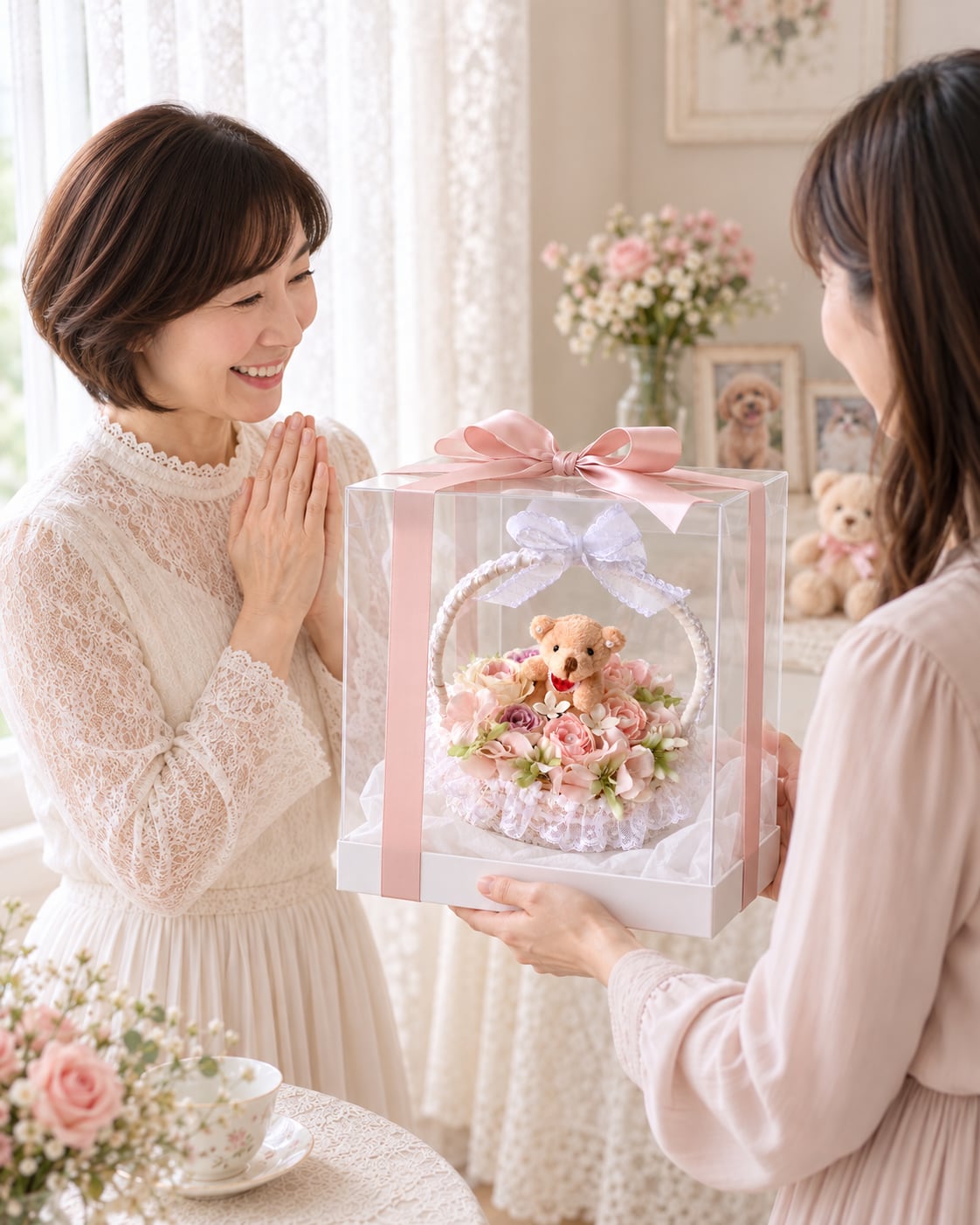 フラワーアレンジ｜うちの子と楽しむミニベアの花かご【AR-012】｜パステルフラワー｜ペットのいる暮らし｜ギフト｜ミニベア｜横15㎝ 高さ約18cm｜ギフト｜ミニベア｜横15㎝ 高さ約18cm