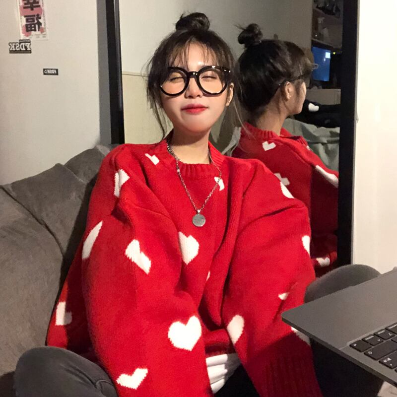 スプリングオータムスタイルレッドセーター ルーズラウンドネック 春物 秋物 Oネック 試着室74249298222