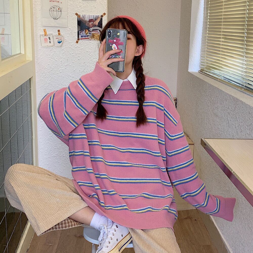 スタンダードルーズストライプカラーセーター トップス レディース レトロ ドラファッションホール43049195818