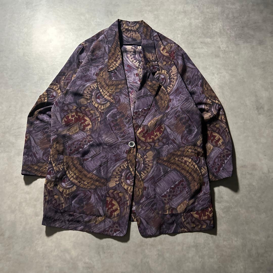 レディース パープル 総柄 シャツ テーラード デザイン レトロ アートパターン