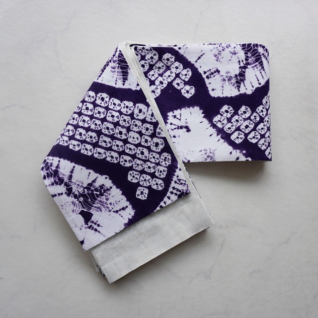 【半幅帯】紺藍×白　蝶×雲絞り文　手絞り　半幅帯　№230717①