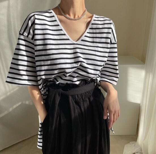 トップス Tシャツ 半袖 ブラウス ボーダー Vネック スリット