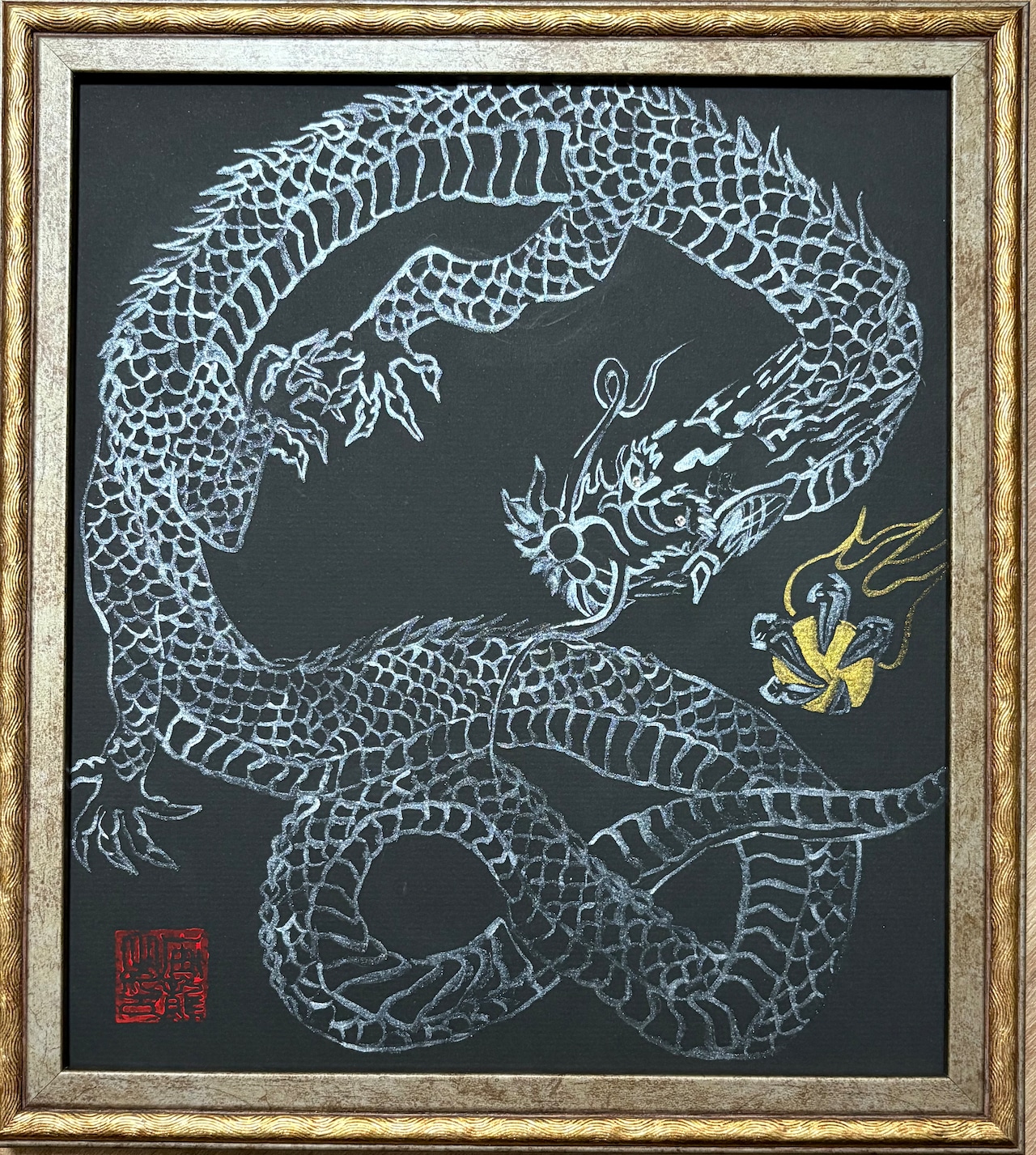 護符アート『白龍』★龍と天然石を身近に感じるアート・絵画 色紙サイズ