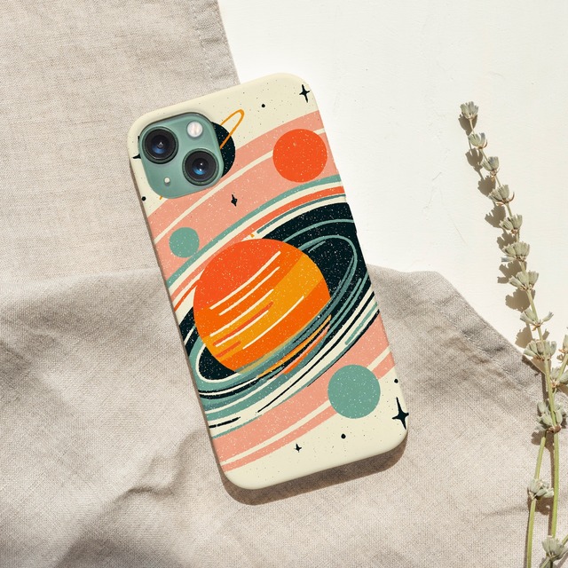 受注生産 iPhoneケース オレンジ惑星とパステル軌道｜宇宙柄 RFSP003A